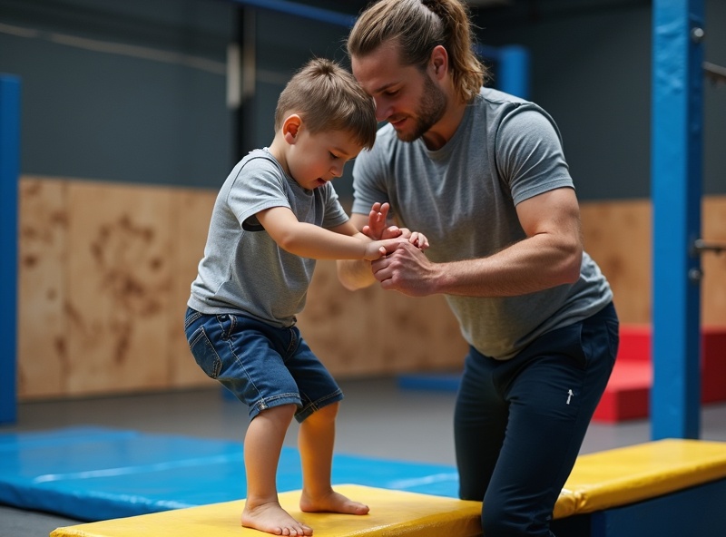 Coach spotting kid on balance obstacle