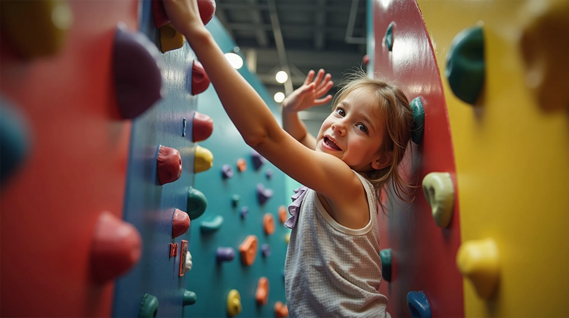 Kid successfully completing warped wall at ninja camp